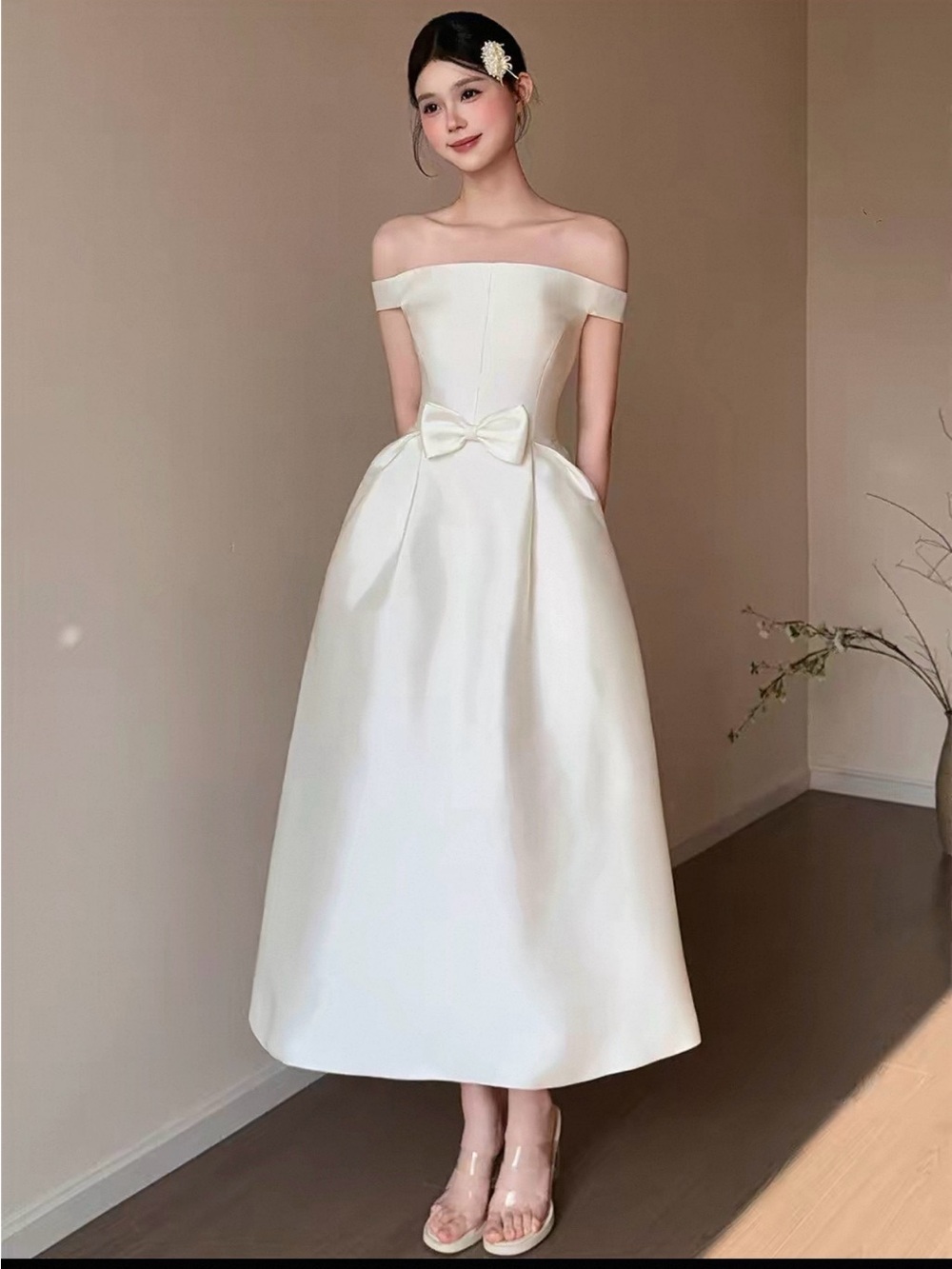 Off-Shoulder Ivory Bow A-Line Dress